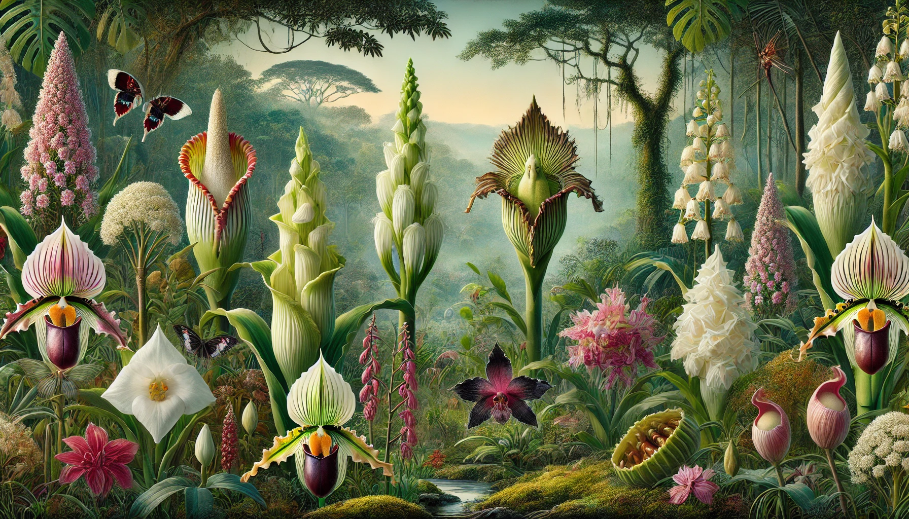 A lush botanical illustration showcasing a diverse array of the world's most exotic and rare flowers. The scene includes the towering Corpse Flower, the ethereal Ghost Orchid, the vibrant Jade Vine, and the eerie Black Bat Flower.