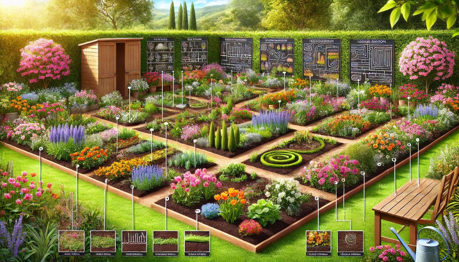 A picturesque and well-organized flower garden showcasing various sections dedicated to different gardening essentials. The scene includes areas with different soil types, a section demonstrating the use of mulch, and areas showing various planting depths and spacings for different types of flowers