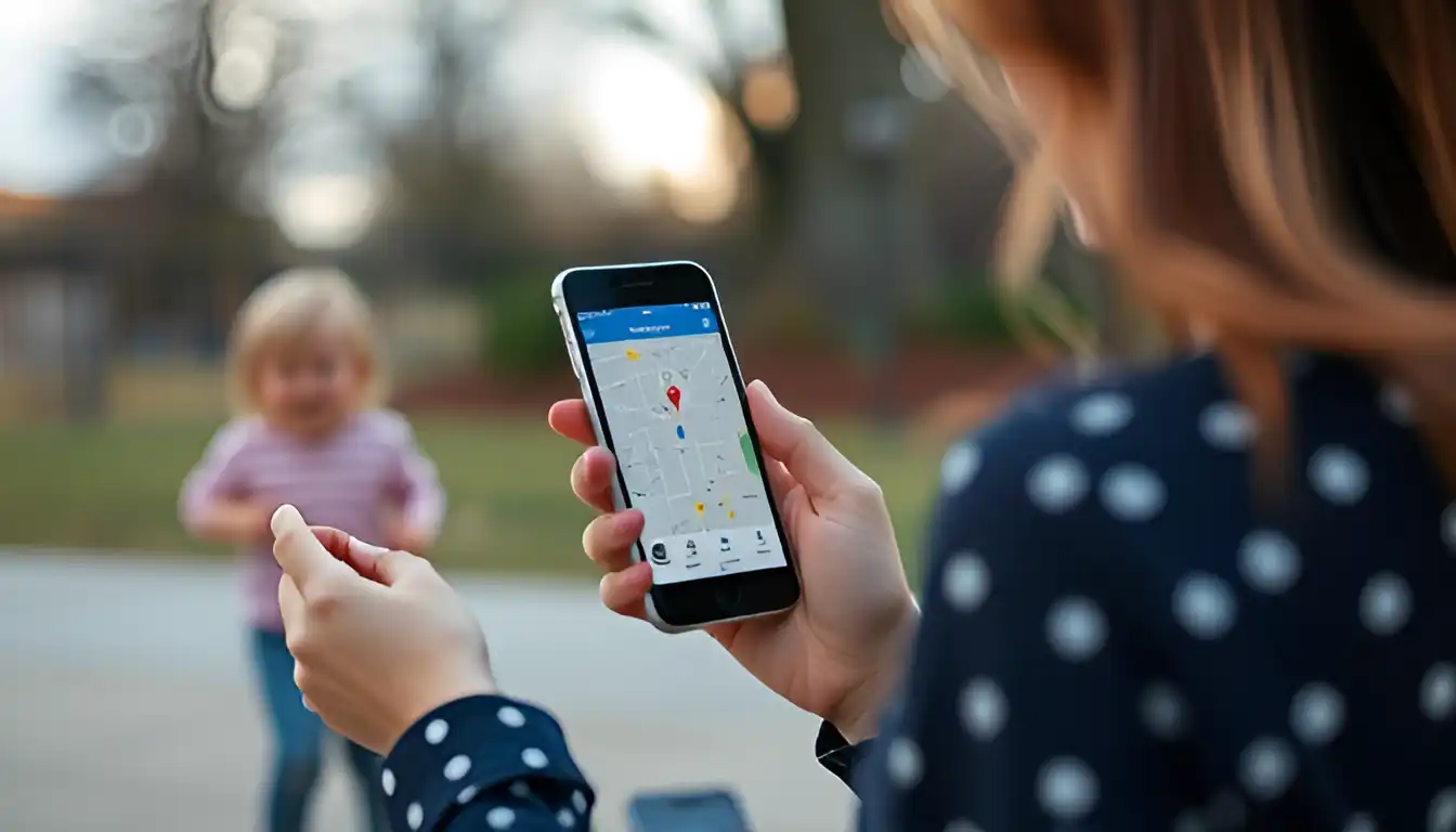 A mother checking a location app on her phone while her child plays nearby, highlighting family safety through real-time tracking.