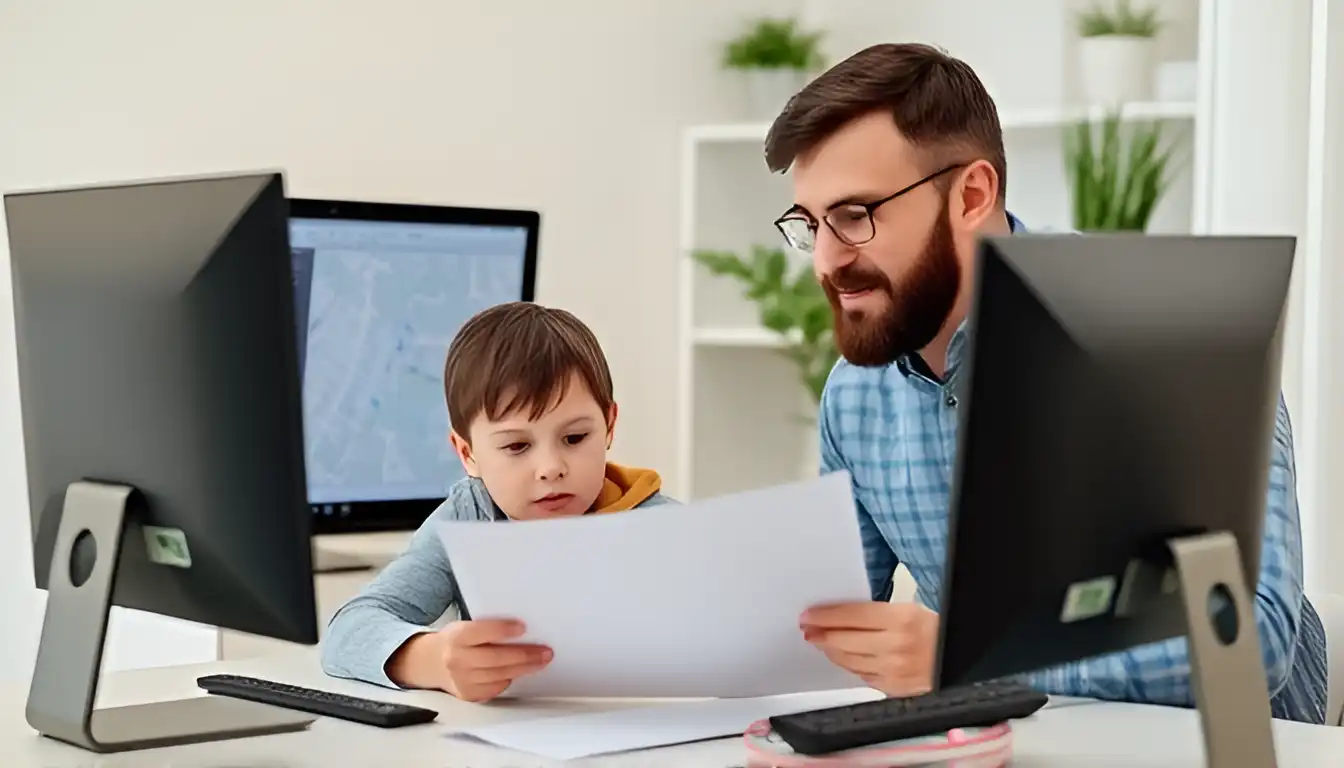 Dad and boy sit in front of a PC and study information on how location tracking apps work and what to use them for.