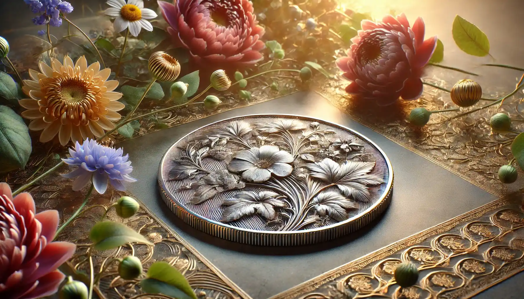 a floral-designed coin placed on a surface surrounded by floral patterns and natural flowers. 