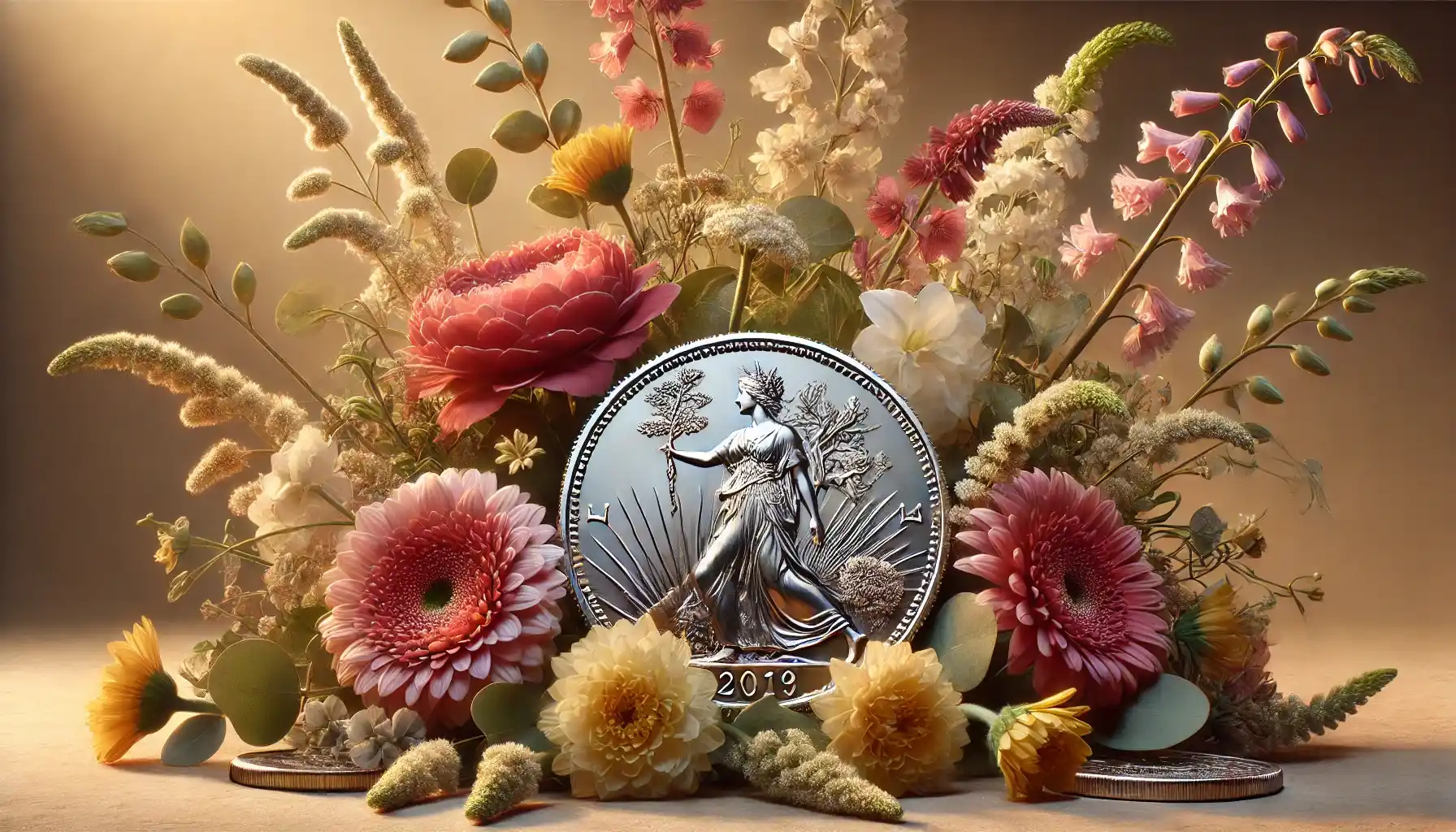 a coin surrounded by an arrangement of flowers