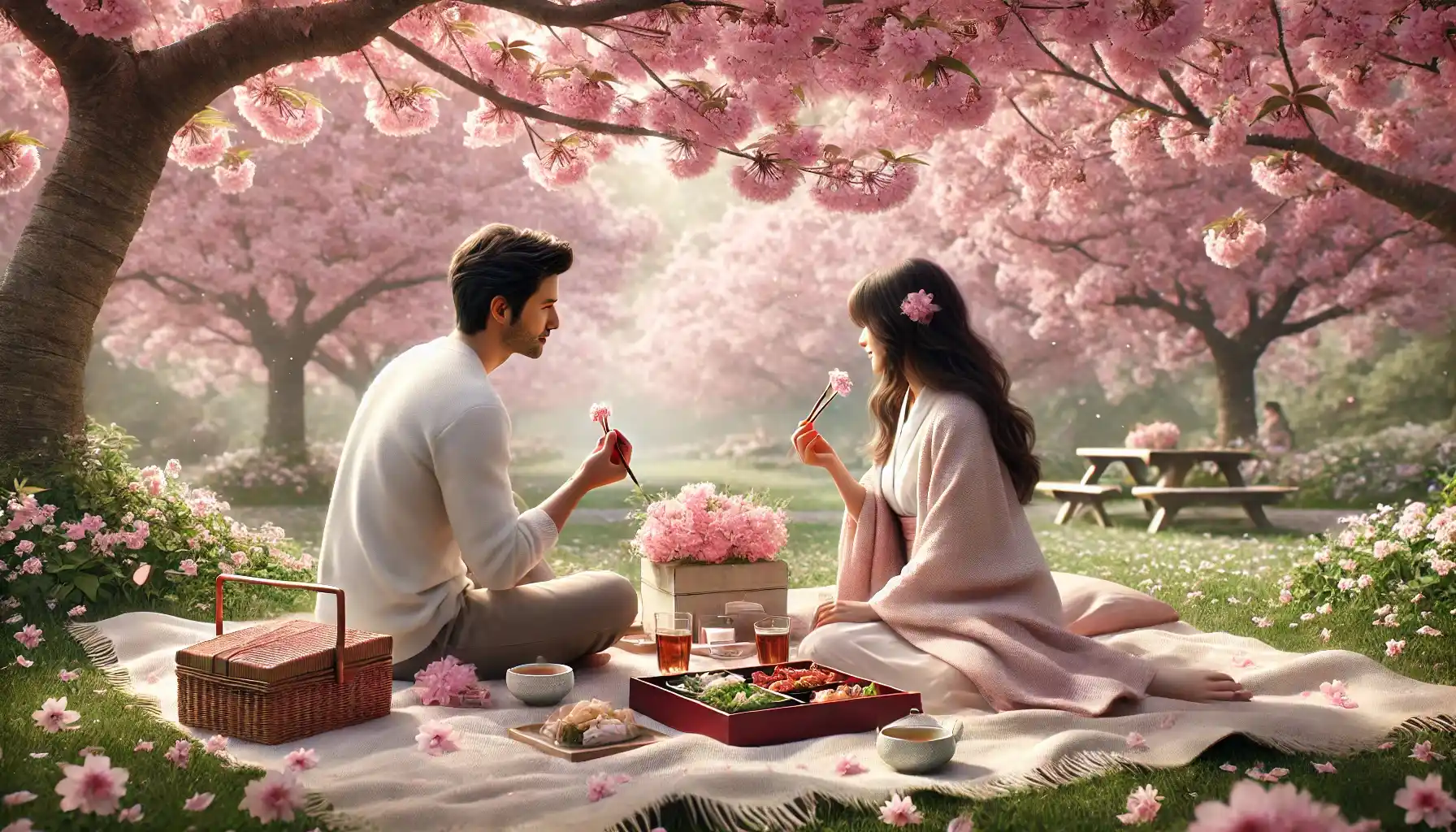 A romantic couple has a picnic under a blooming sakura tree.