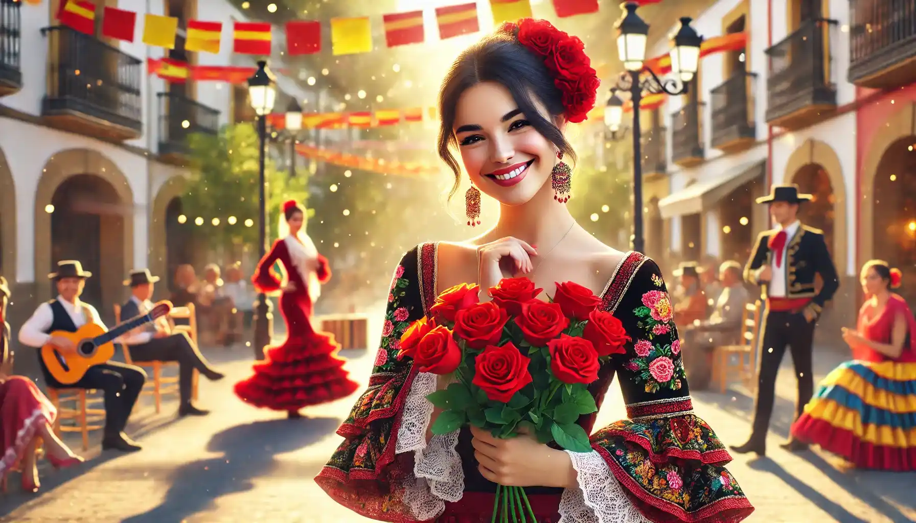 A joyful Spanish woman is standing outdoors in a festive atmosphere, holding a beautiful bouquet of freshly gifted red roses.