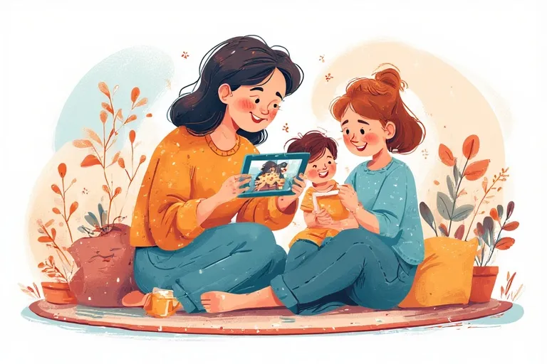 Grandma plays with her granddaughters in pictures, and shows pictures on a tablet