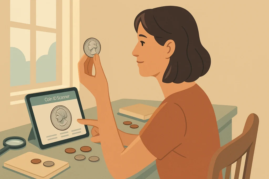 A woman observes a 1976 Bicentennial quarter searching for errors.