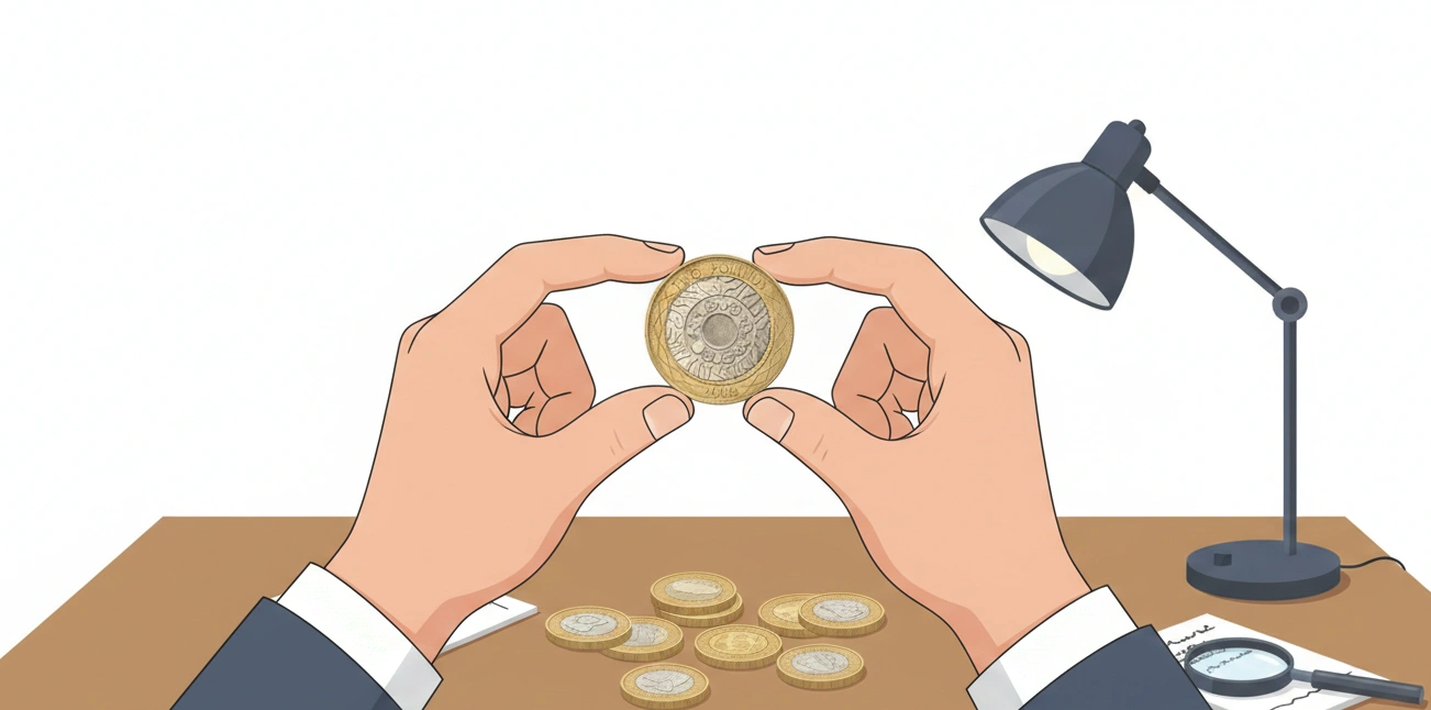 A collector sorting through several British £2 coins and suddenly isolating a rare 2 pound coin