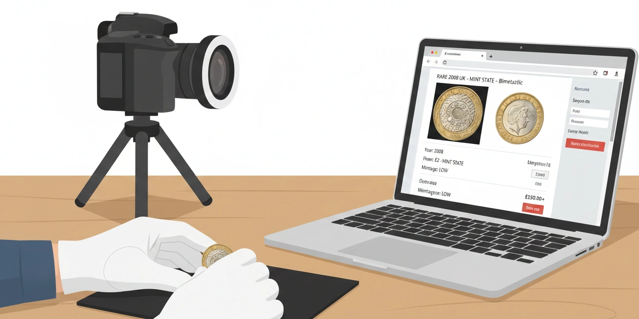 A collector photographing a rare 2 pound coin for an online listing, laptop screen visible